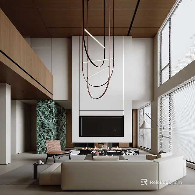 Modern Duplex Living Room Interior With Green Marble Wall Fireplace And Circular Pendant Lights 3d model 