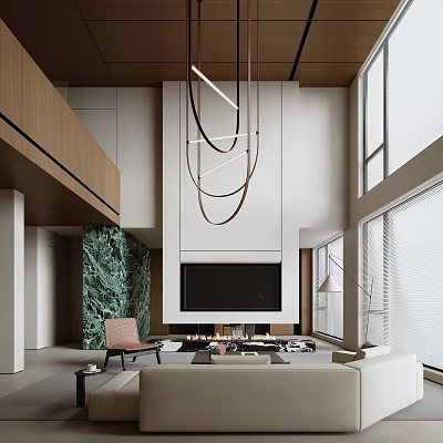 Modern Duplex Living Room Interior With Green Marble Wall Fireplace And Circular Pendant Lights 3d model