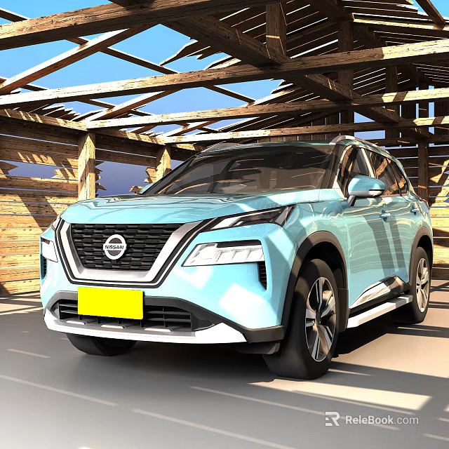 Light Blue Nissan SUV With Modern Design Parked In Wooden Shelter 3d model 