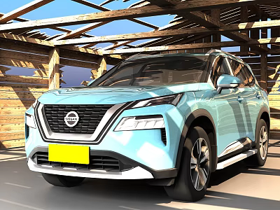 Light Blue Nissan SUV With Modern Design Parked In Wooden Shelter 3d model