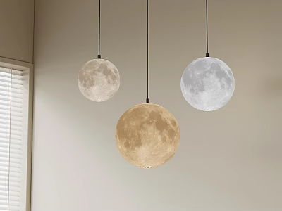 Moon Shaped Pendant Lights Hanging In Room With Different Colors And Window Blinds 3d model