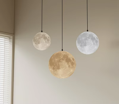 Moon Shaped Pendant Lights Hanging In Room With Different Colors And Window Blinds 3d model