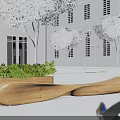 Wooden Outdoor Bench With Green Plants In Modern Architectural Garden Setting