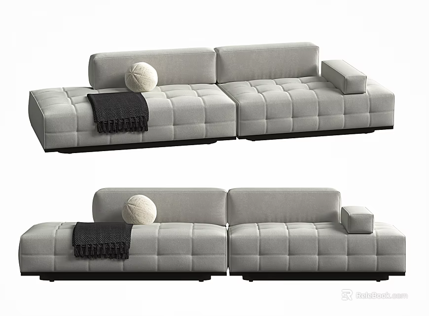 Gray Sectional Sofa with Tufted Square Design White Decor Ball and Dark Throw Blanket 3d model