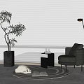 Modern Leisure Chair With White Blinds Floor Lamp Potted Plant And Open Book On Rug