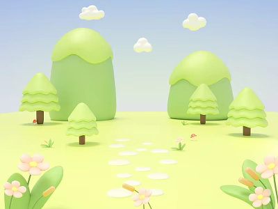 Fresh Floral Plants in Natural Scene with Green Hills Small Trees and White Stone Path 3d model