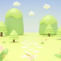 Fresh Floral Plants in Natural Scene with Green Hills Small Trees and White Stone Path
