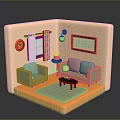 Modern Living Room Furniture With Sofa Armchair Coffee Table Plant Wall Clock And Carpet
