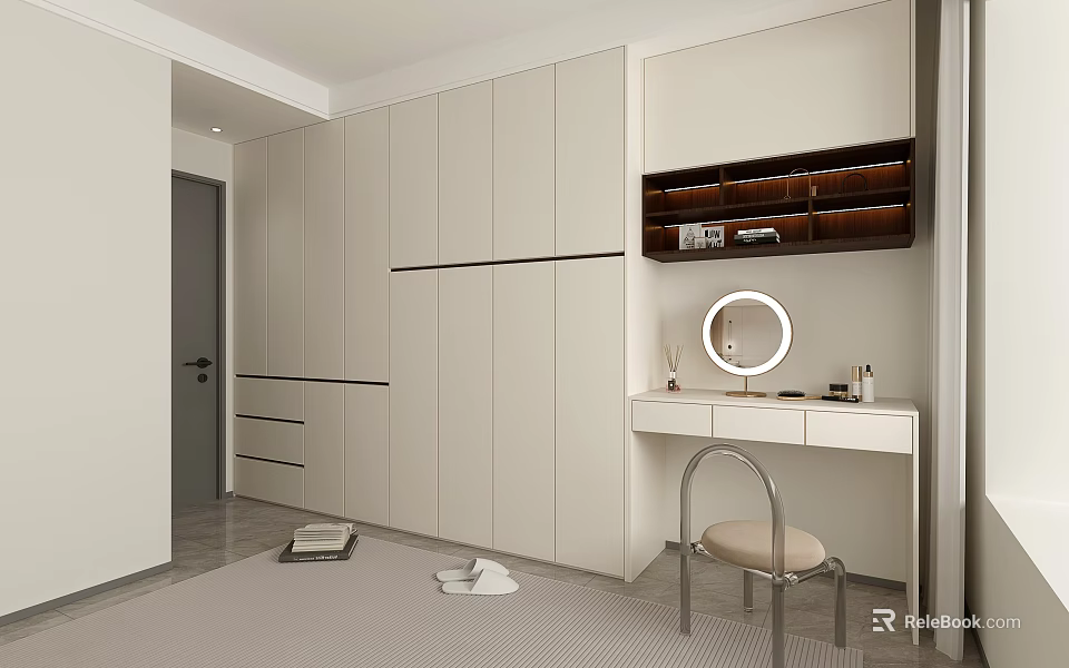 Modern Wardrobe Interior With Dressing Table Round Mirror Storage And Chair 3d model