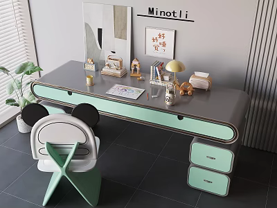 Modern Minimalist Desk With Window Blinds Plant Small Decorations Lamp Books Stationery Green Drawers Chair 3d model