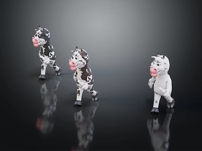 Cute Cow Dolls In Walking Pose With Various Colors And Dark Background Reflections 3d model