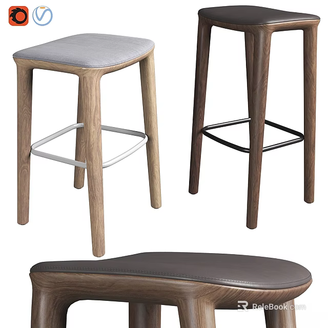 Modern Wooden And Leather Stools With Gray Cushion And Metal Footrest Designs 3d model 