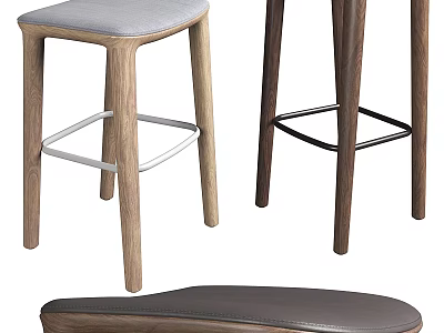 Modern Wooden And Leather Stools With Gray Cushion And Metal Footrest Designs 3d model