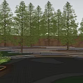 Scenic Urban Park Landscape With Curved Benches Tall Trees And Patterned Paved Ground