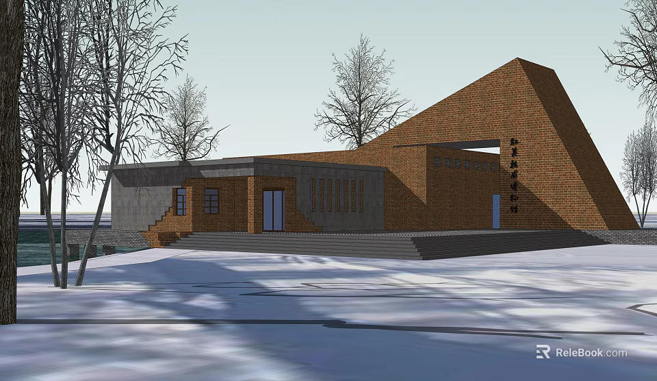 Modern Red Brick Museum Building With Geometric Design In Snowy Landscape 3d model 