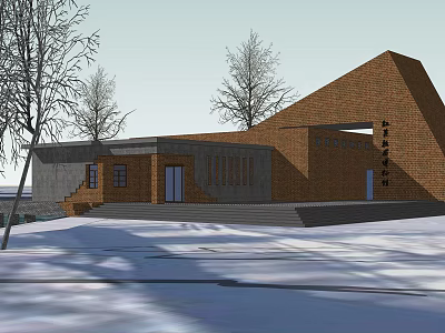 Modern Red Brick Museum Building With Geometric Design In Snowy Landscape 3d model