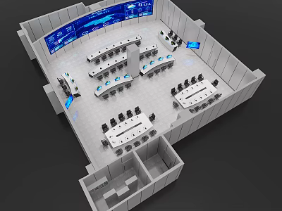 Modern Monitoring Room with Multiple Screens Control Desks and Chairs 3d model