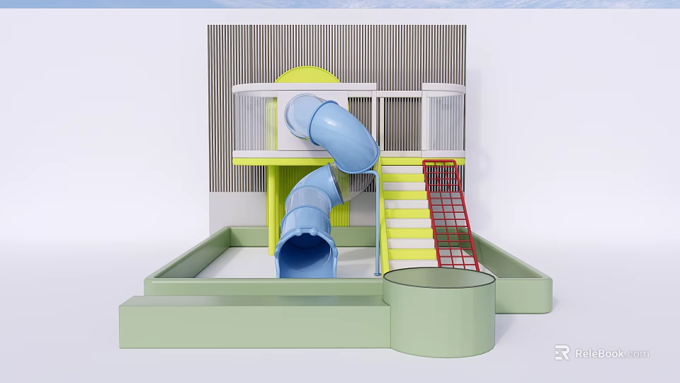 Colorful Playground Equipment With Blue Slide Yellow Stairs Red Climbing Net And Green Base 3d model 