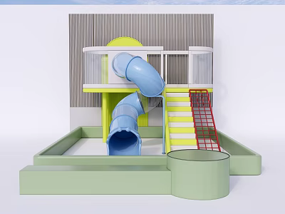 Colorful Playground Equipment With Blue Slide Yellow Stairs Red Climbing Net And Green Base 3d model