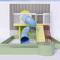 Colorful Playground Equipment With Blue Slide Yellow Stairs Red Climbing Net And Green Base