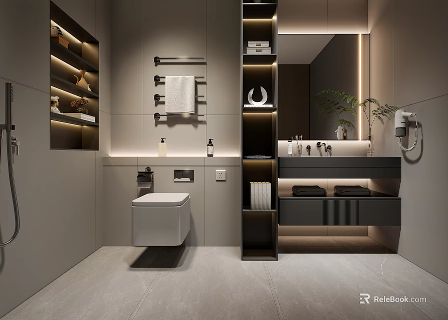 Elegant Modern Bathroom Interior Design With Wall Mounted Toilet Vanity Mirror And Gray Tones 3d model 