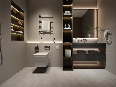 Elegant Modern Bathroom Interior Design With Wall Mounted Toilet Vanity Mirror And Gray Tones 3d model