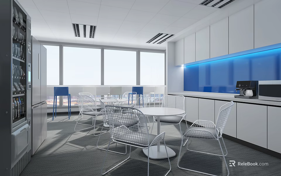 Modern Office Break Room With White Cabinets Blue Countertop Metal Chairs Coffee Machine Large Windows 3d model 