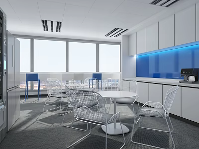 Modern Office Break Room With White Cabinets Blue Countertop Metal Chairs Coffee Machine Large Windows 3d model