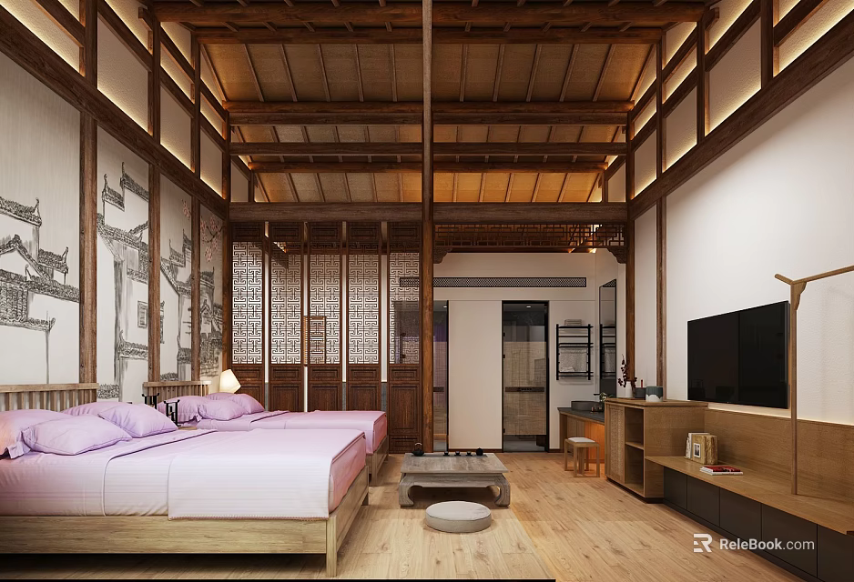 Cozy Traditional Hotel Room With Wooden Elements Pink Bedding And Decorative Art 3d model 