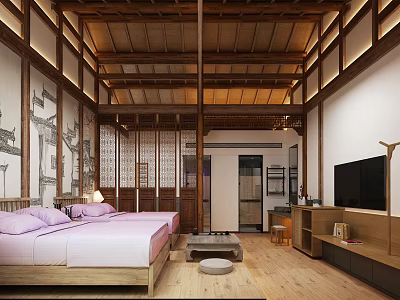 Cozy Traditional Hotel Room With Wooden Elements Pink Bedding And Decorative Art 3d model