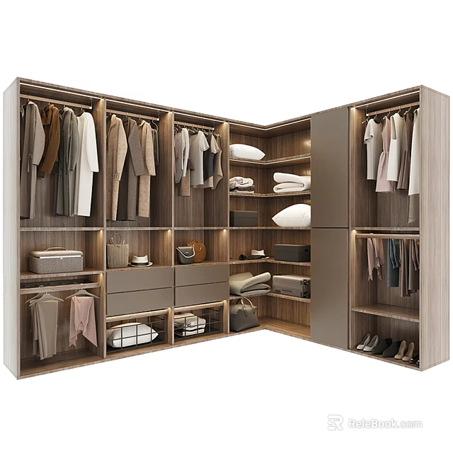 Spacious Wooden Walk in Closet Design With Hanging Clothes Folded Items And Shoe Storage 3d model 
