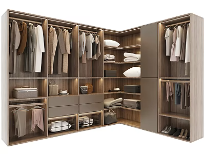 Spacious Wooden Walk in Closet Design With Hanging Clothes Folded Items And Shoe Storage 3d model
