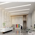 Modern Hotel Lobby Interior With White Reception Desk Hanging Lights Colorful Artworks And Sofa Seating