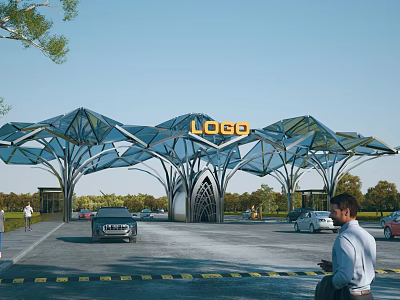 Modern Entrance Gate With Unique Geometric Glass Metal Roof Canopy And LOGO Sign 3d model