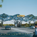 Modern Entrance Gate With Unique Geometric Glass Metal Roof Canopy And LOGO Sign