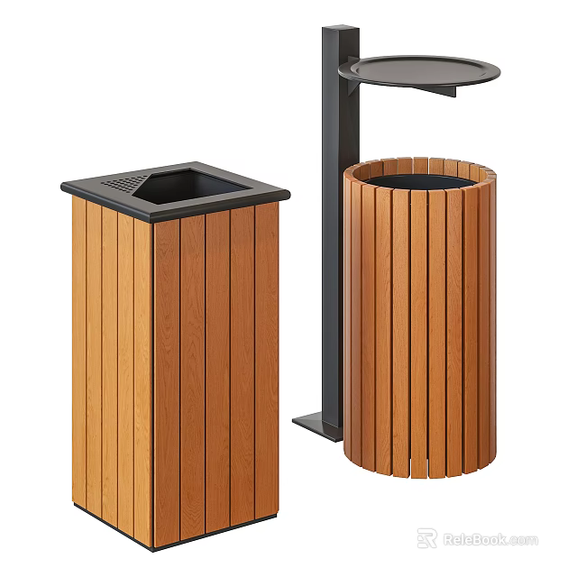 Outdoor Public Facility Wooden Trash Bins With Square And Round Design 3d model 