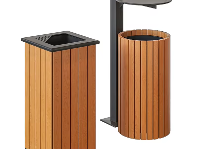 Outdoor Public Facility Wooden Trash Bins With Square And Round Design 3d model