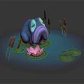 Blue Frog in Pond with Pink Lotus Flower Lily Pads and Cattails