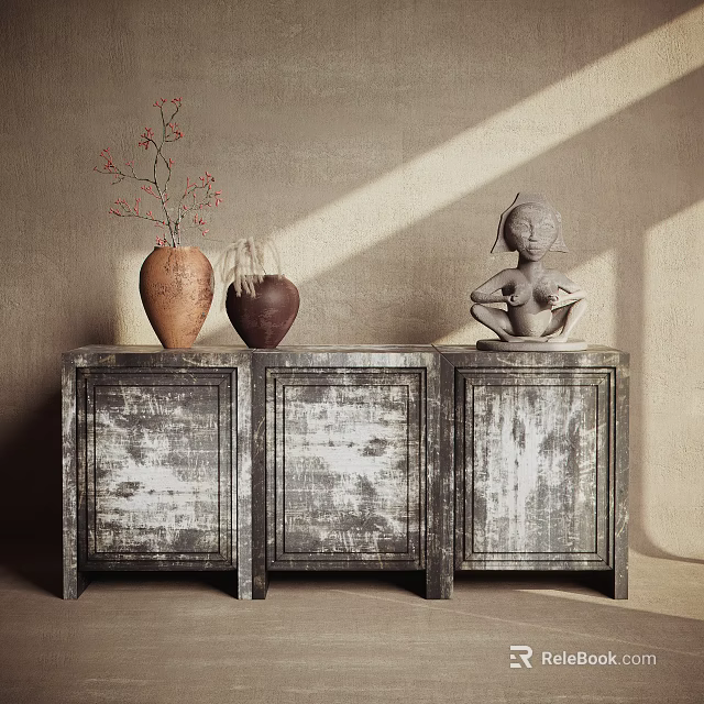 Vintage Console Cabinet with Three Textured Doors Decorated with Vases Sculpture and Light Shadows 3d model 