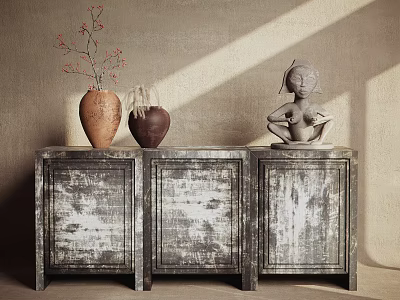 Vintage Console Cabinet with Three Textured Doors Decorated with Vases Sculpture and Light Shadows 3d model