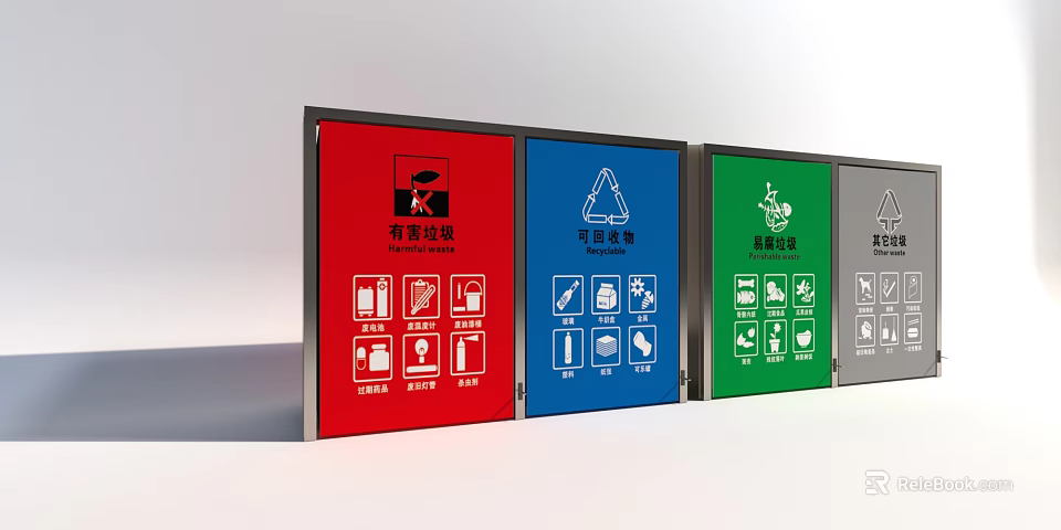 Color Coded Waste Sorting Bins For Harmful Recyclable Kitchen And Other Waste 3d model