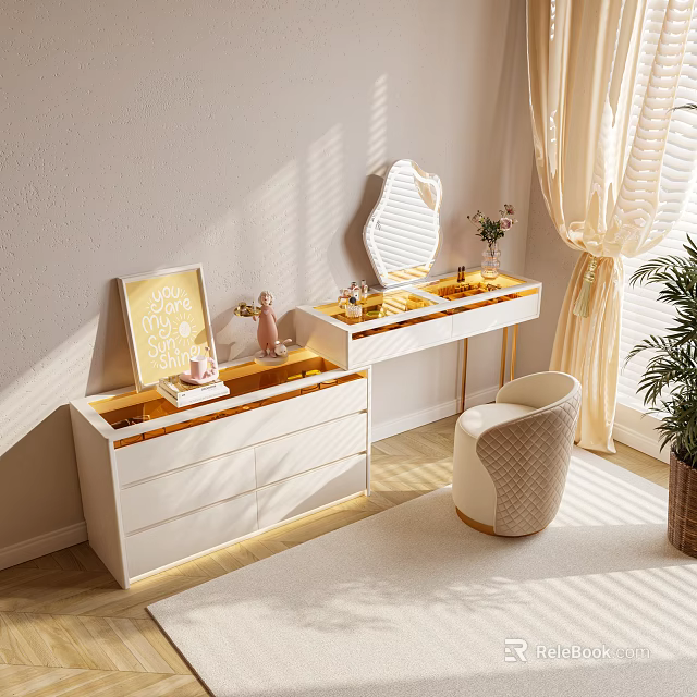 Elegant Modern White Dressing Table With Gold Accents Geometric Mirror Chair And Sunlight 3d model 