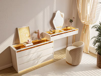 Elegant Modern White Dressing Table With Gold Accents Geometric Mirror Chair And Sunlight 3d model