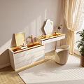 Elegant Modern White Dressing Table With Gold Accents Geometric Mirror Chair And Sunlight