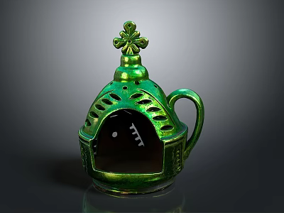Green Ceramic Cup With Hollow Out Design And Top Decorative Flower Handle 3d model