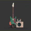 Artistic Musical Instrument Display Green Electric Guitar and Pink Amplifier on Dark Floor with Reflection