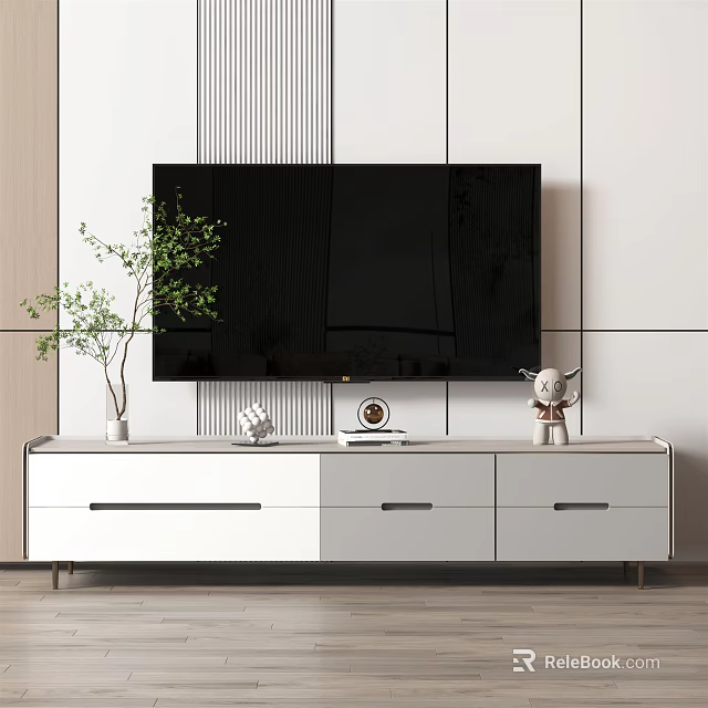 Modern White TV Stand With Drawers Decorative Items And Green Plant 3d model 