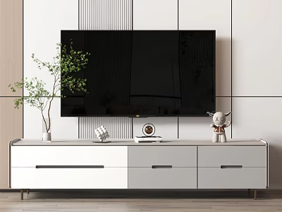 Modern White TV Stand With Drawers Decorative Items And Green Plant 3d model