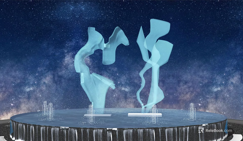 Abstract Light Blue Garden Sculptures Against Starry Night Background On Transparent Pillar Platform 3d model 