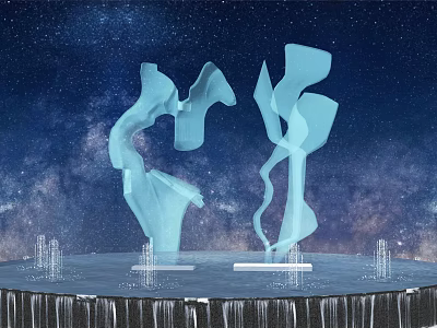 Abstract Light Blue Garden Sculptures Against Starry Night Background On Transparent Pillar Platform 3d model